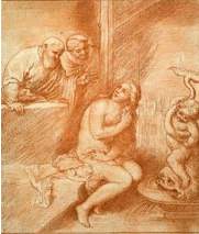 «Susanna and the Elders». H. Ribera. Italian school. Late 17th century. Etching from the painting by S. Mulinari. Italy. 18th century.